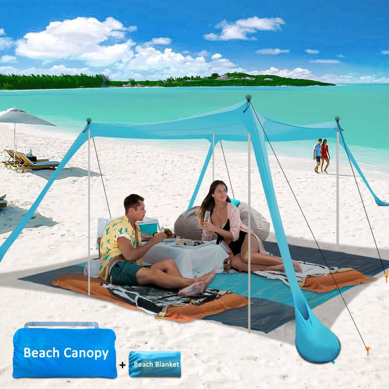 Beach Tent, Beach Canopy Tent Sun Shade with Beach Blanket, Beach Tent Sun Shelter 11X11 FT with UPF 50+ UV Protection, Beach Sun Shade for Beach, Camping, Backyard and Picnics